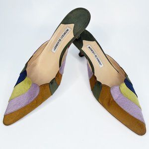Manolo Blahnik Multicolor Scallop Pointed Toe Kitten Heel Mules 9